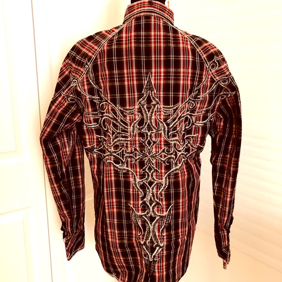 Men's Roar Enough Excuses L Button Down Red Checkered Long Sleeve Shirt - Picture 3 of 12
